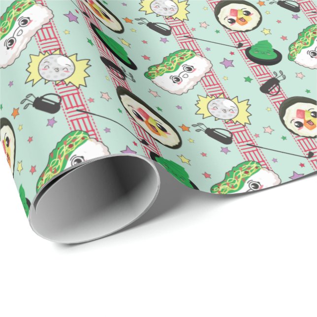 Niedlich Japanisch Sushi Lover Golfing Pattern Geschenkpapier (Rolleneckpunkt)