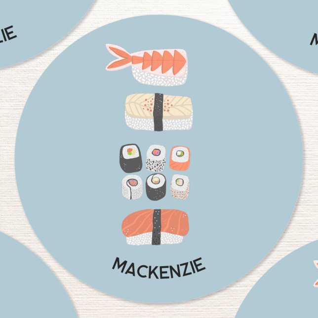 Niedlich Japanisch Sushi Personalisiert Runder Aufkleber (Fun Japanese sushi themed personalized sticker)