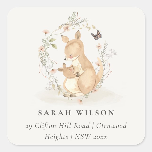 Niedlich Joey Mama Kangaroo Floral Wreath-Adresse Quadratischer Aufkleber (Vorderseite)