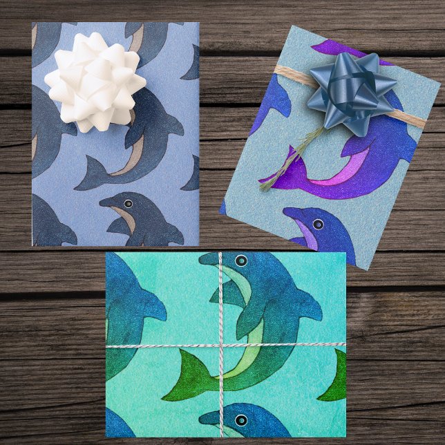 Niedlich Jumping Blue White Lila Green Delphine Geschenkpapier Set (Jumping sparkle like dolphins in various blues and purples  on gift wrapping sheets paper.)