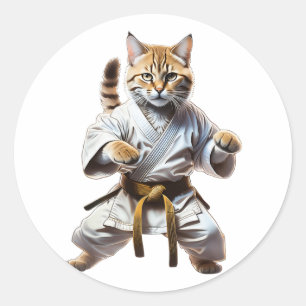 Niedlich Karate Cat Fighting Cartoon Illustration Runder Aufkleber