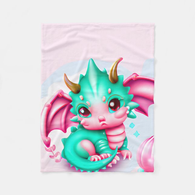 Niedlich Kawaii Aquamarin und Pink Baby Dragon Fleecedecke (Vorderseite)