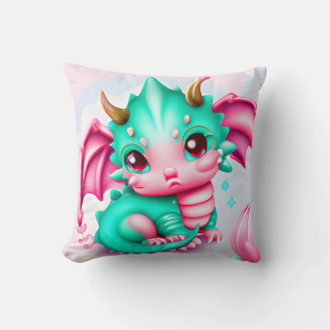 Niedlich Kawaii Aquamarin und Pink Baby Dragon Kissen (Vorderseite)