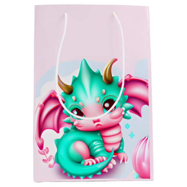 Niedlich Kawaii Aquamarin und Pink Baby Dragon Mittlere Geschenktüte (Vorderseite)