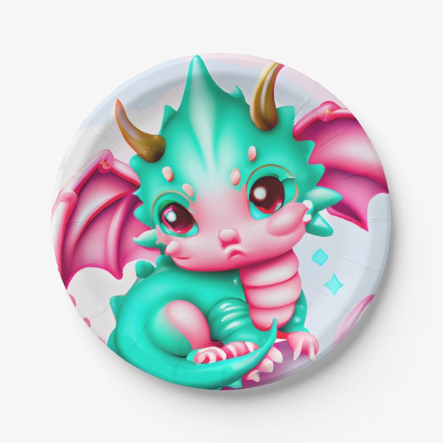 Niedlich Kawaii Aquamarin und Pink Baby Dragon Pappteller (Vorderseite)