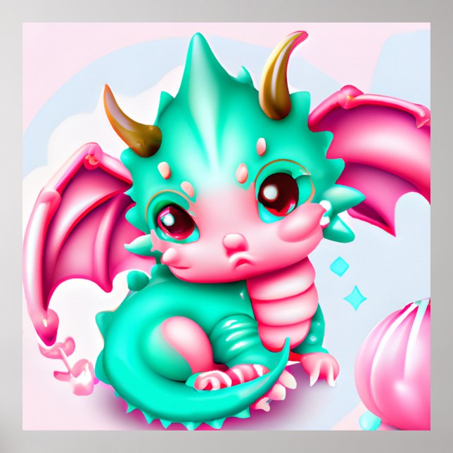 Niedlich Kawaii Aquamarin und Pink Baby Dragon Poster (Vorne)