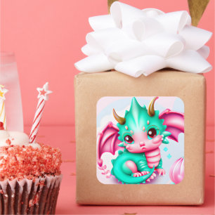 Niedlich Kawaii Aquamarin und Pink Baby Dragon Quadratischer Aufkleber