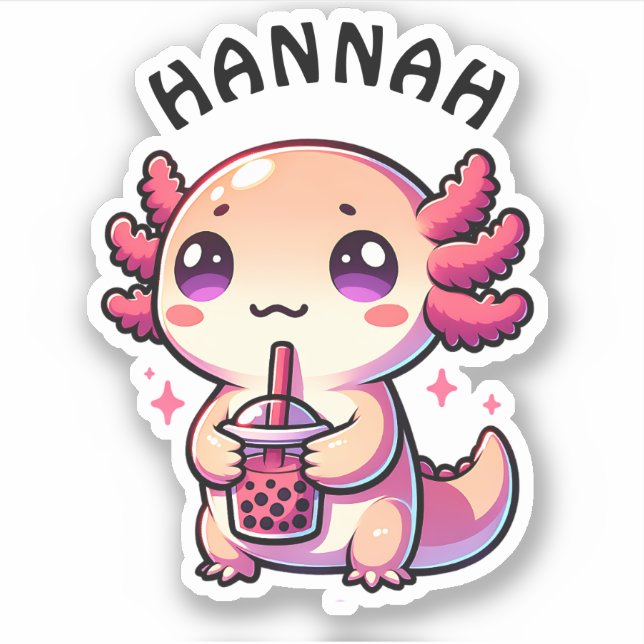 Niedlich Kawaii Axolotl mit Bubble Tee Personalisi Aufkleber (Vorderseite)