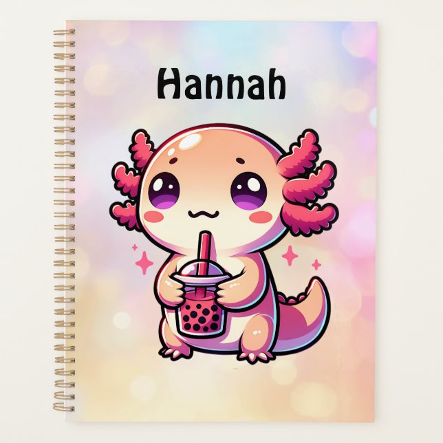 Niedlich Kawaii Axolotl mit Bubble Tee Personalisi Planer (Vorderseite)