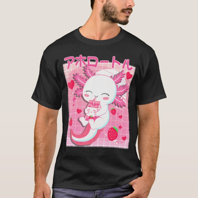 Niedlich Kawaii Axolotl Strawberry Milk Japanische T-Shirt (Vorderseite)