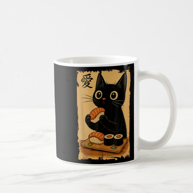 Niedlich Kawaii Black Cat Eating Sushi Funny Japan Kaffeetasse (Rechts)