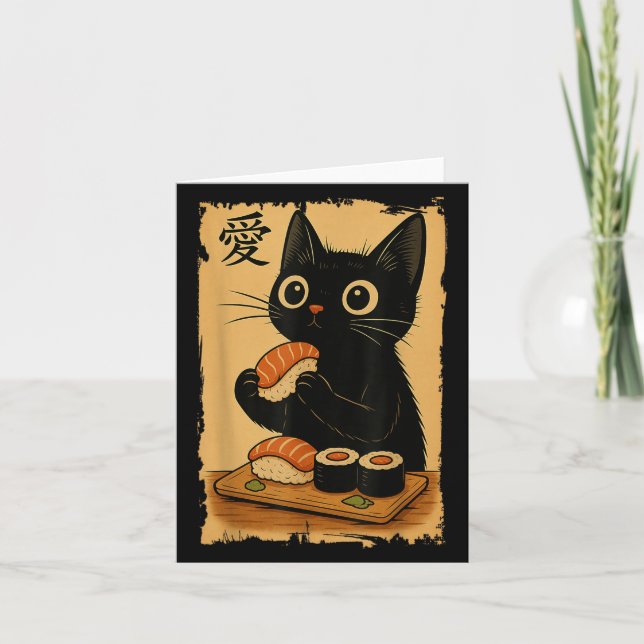 Niedlich Kawaii Black Cat Eating Sushi Funny Japan Karte (Vorderseite)