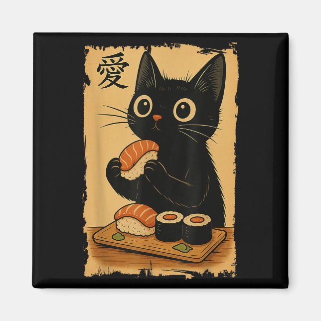 Niedlich Kawaii Black Cat Eating Sushi Funny Japan Magnet (Vorne)