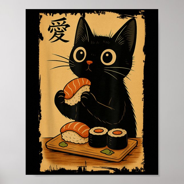 Niedlich Kawaii Black Cat Eating Sushi Funny Japan Poster (Vorne)