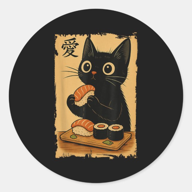Niedlich Kawaii Black Cat Eating Sushi Funny Japan Runder Aufkleber (Vorderseite)