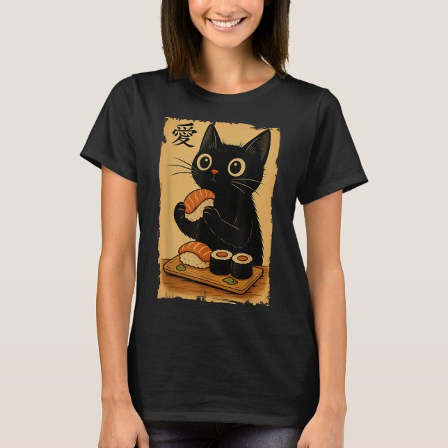 Niedlich Kawaii Black Cat Eating Sushi Funny Japan T-Shirt (Vorderseite)