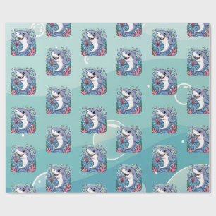 Niedlich Kawaii Boba Shark Ocean Vibes Muster Geschenkpapier