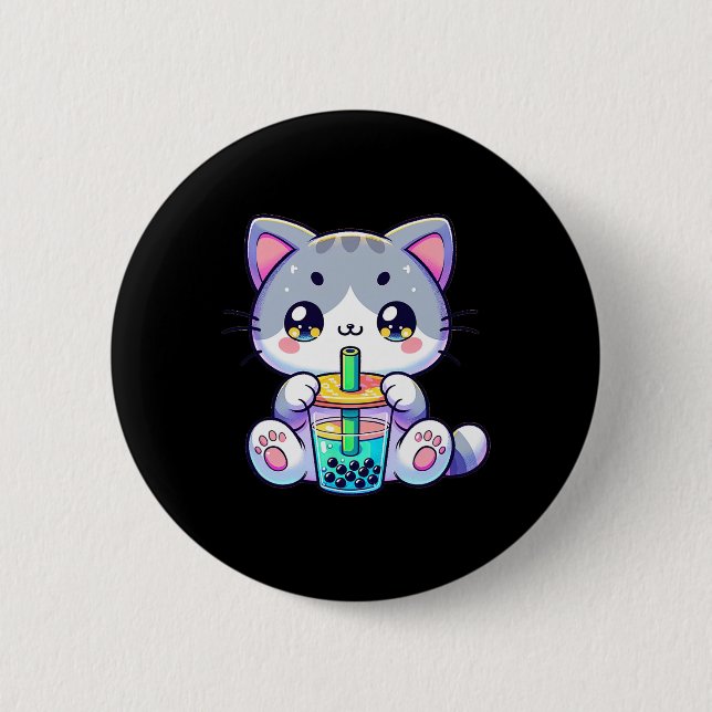 Niedlich Kawaii Bubble Teekatze Japanisch Kitten A Button (Vorderseite)