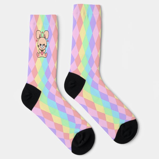 Niedlich Kawaii Bunny Rabbit auf Pastel Diamonds Socken (Rechts)
