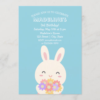 Niedlich Kawaii Bunny Rabbit & Blume Kindergeburts Einladung