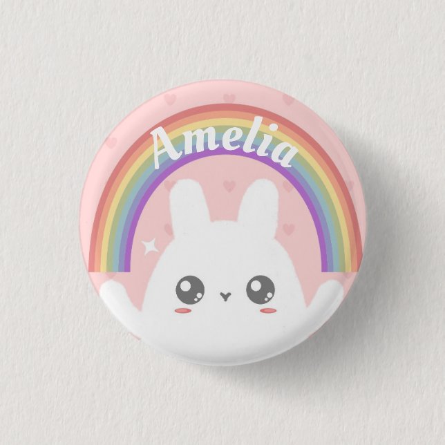 Niedlich Kawaii Bunny und Rainbow Personalisiert Button (Vorderseite)