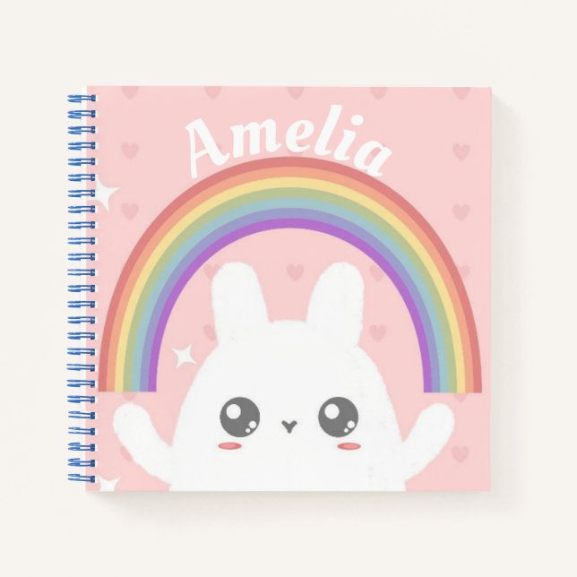 Niedlich Kawaii Bunny und Rainbow Personalisiert Notizbuch (Vorderseite)