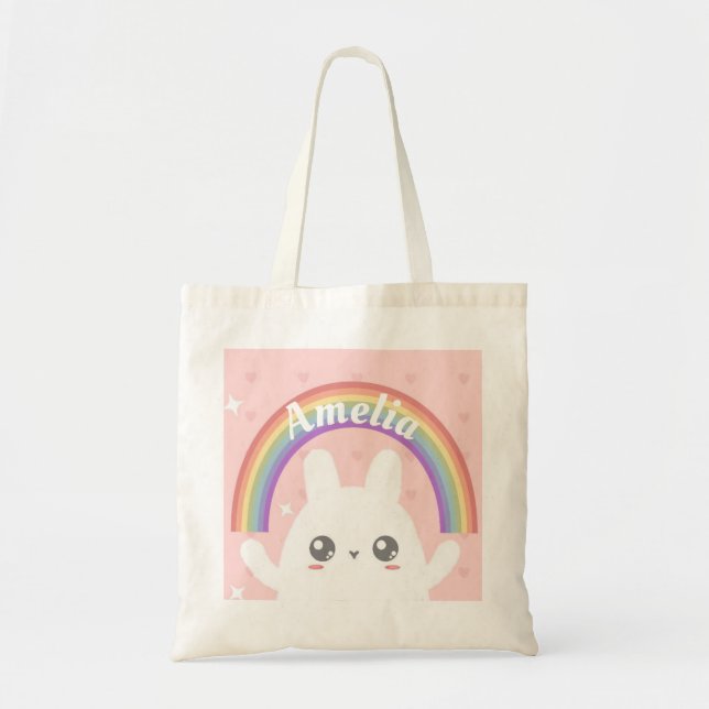 Niedlich Kawaii Bunny und Rainbow Personalisiert Tragetasche (Vorne)
