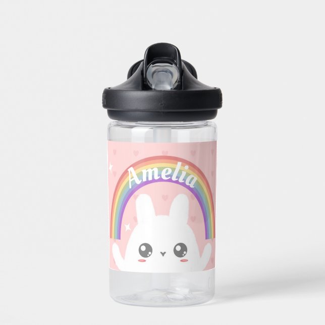 Niedlich Kawaii Bunny und Rainbow Personalisiert Trinkflasche (Vorne)