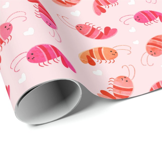 Niedlich Kawaii Cartoon Shrimp & Hearts Geschenkpapier (Rolleneckpunkt)