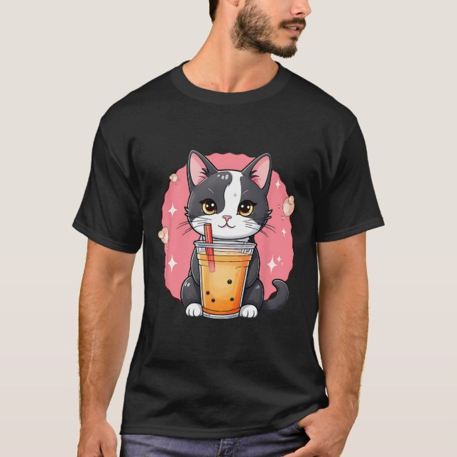 Niedlich Kawaii Cat Boba Tea Japanischer Stil Tuxe T-Shirt (Vorderseite)
