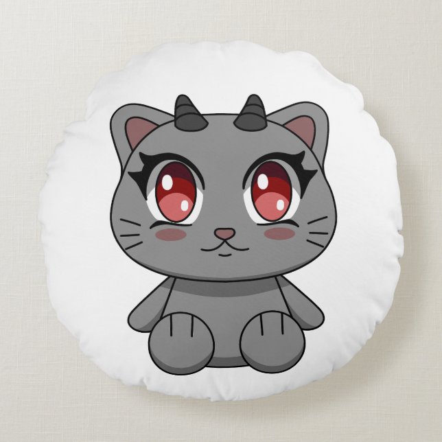 Niedlich Kawaii Demon Cat Rundes Kissen (Vorderseite)