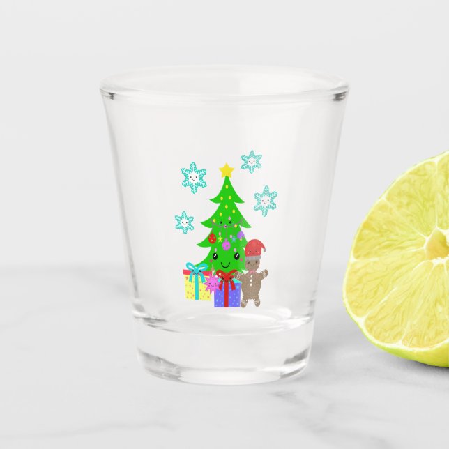 Niedlich Kawaii Face Christmas Tree Scene, ZSG Schnapsglas (Vorderseite)