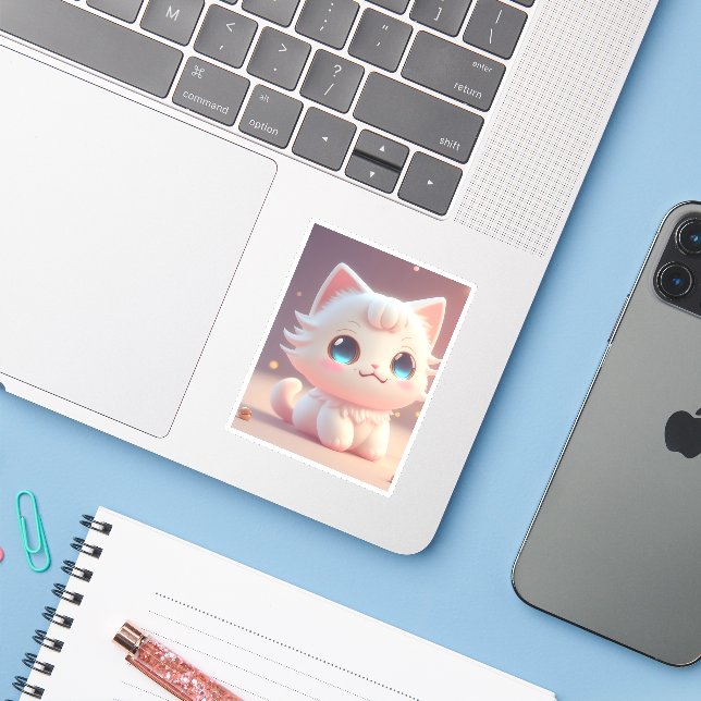 Niedlich Kawaii Fluffy White Cat Aufkleber (Laptop mit iPhone)