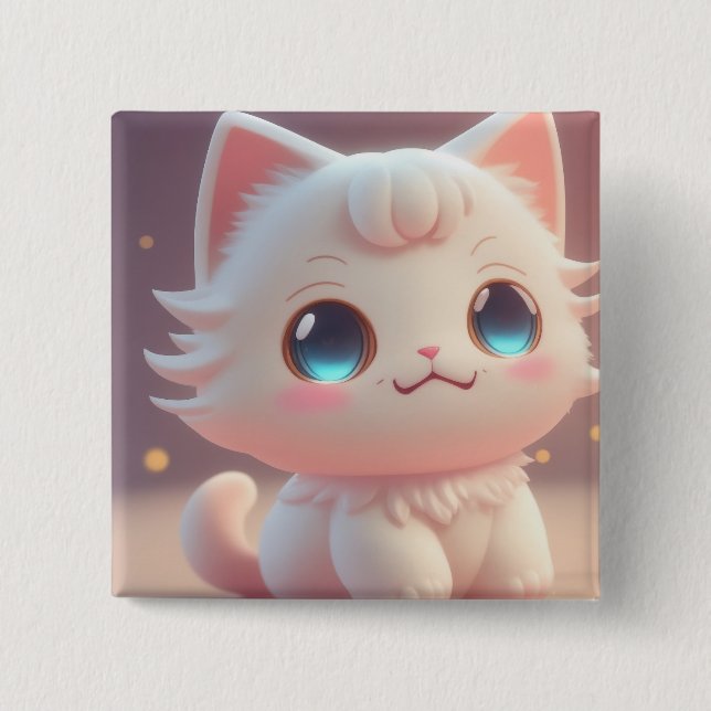Niedlich Kawaii Fluffy White Cat Button (Vorderseite)
