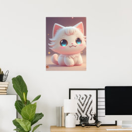 Niedlich Kawaii Fluffy White Cat Poster