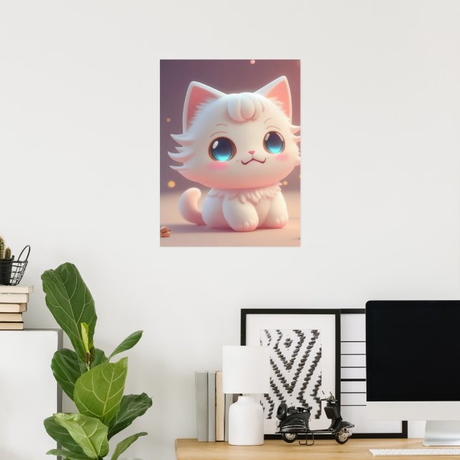 Niedlich Kawaii Fluffy White Cat Poster (Heimbüro)