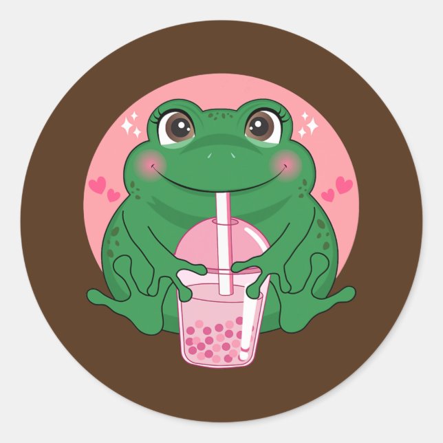 Niedlich Kawaii Frog Boba Bubble Tea Damen Männer  Runder Aufkleber (Vorderseite)