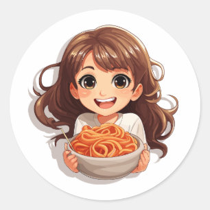 Niedlich Kawaii Girl Eating Spaghetti Runder Aufkleber