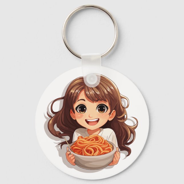Niedlich Kawaii Girl Eating Spaghetti Schlüsselanhänger (Vorderseite)