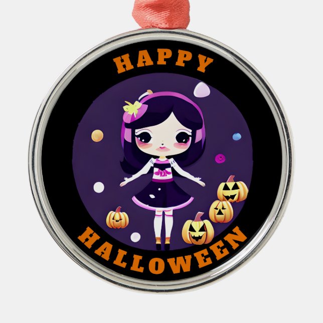 Niedlich Kawaii Girl in Pumpkins Halloween Ornament Aus Metall (Vorne)
