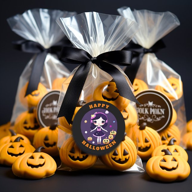 Niedlich Kawaii Girl in Pumpkins Halloween Runder Aufkleber (Von Creator hochgeladen)