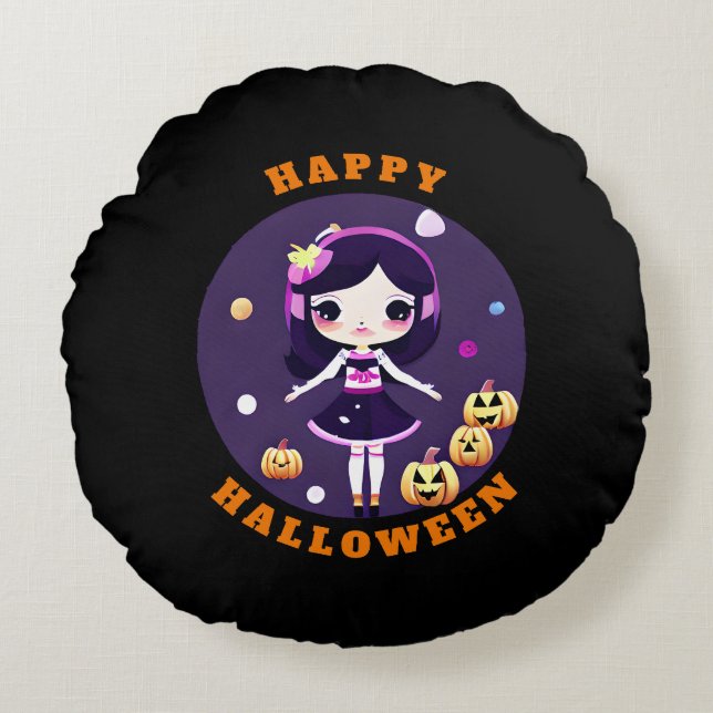 Niedlich Kawaii Girl in Pumpkins Halloween Rundes Kissen (Vorderseite)