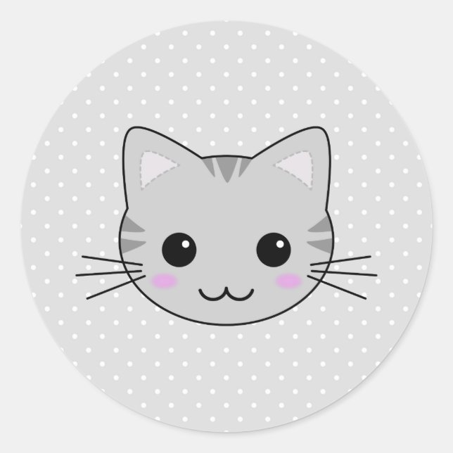 Niedlich Kawaii Gray Tabby Cat Cartoon Runder Aufkleber (Vorderseite)