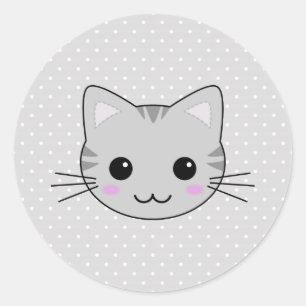 Niedlich Kawaii Gray Tabby Cat Cartoon Runder Aufkleber