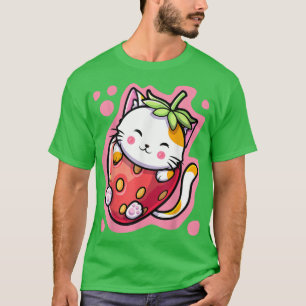 Niedlich Kawaii Katze Erdbeeren Milch Japanisch An T-Shirt