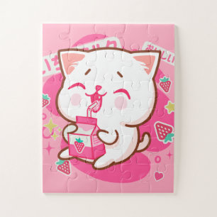 Niedlich Kawaii Katze Japanisch Erdbeermilch Puzzle
