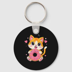 Niedlich Kawaii Kitten Holding Donut Funny Graphic Schlüsselanhänger
