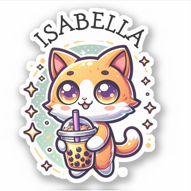 Niedlich Kawaii Kitten mit Bubble Tee Personalisie Aufkleber (Vorderseite)