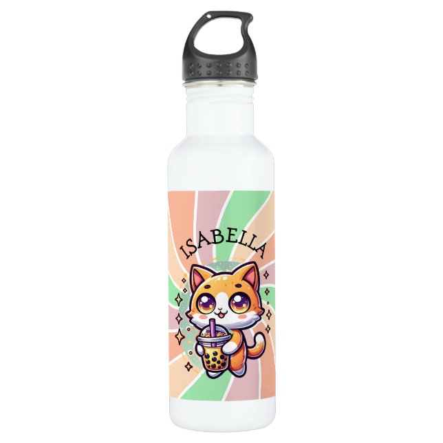 Niedlich Kawaii Kitten mit Bubble Tee Personalisie Edelstahlflasche (Vorderseite)