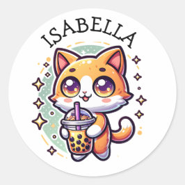 Niedlich Kawaii Kitten mit Bubble Tee Personalisie Runder Aufkleber